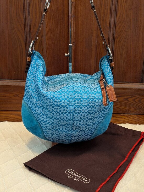 Coach Handbags - Coach Blue Signature Suede Hobo Bag #1461